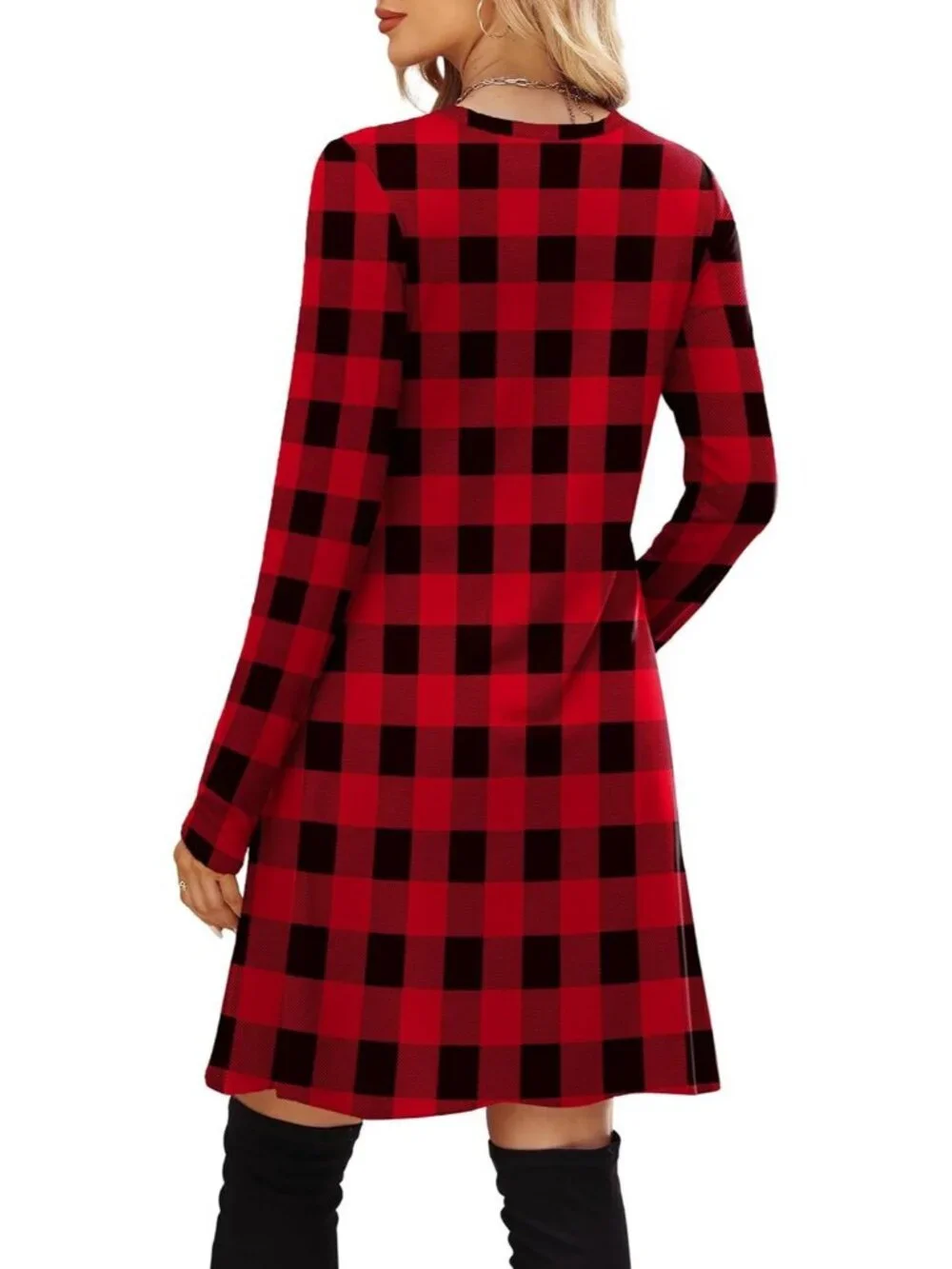Women's Dark Red Plaid Sleeve Comfort Crew Neck Empire Waist Tunic Mini Dress - Picture 5 of 5